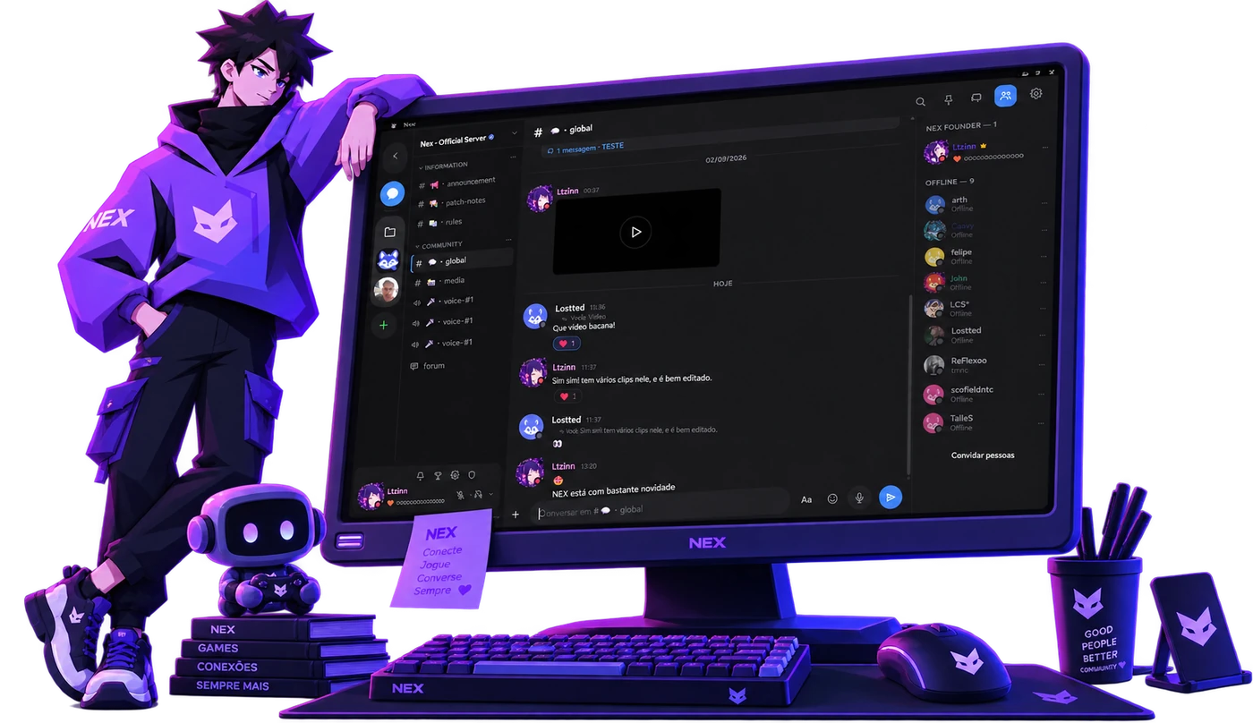 Mascote do Nex ao lado de um computador com o Nex aberto