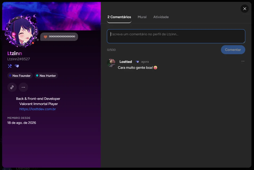 Perfil completo de um usuário do Nex, com banner, avatar com moldura, cargos e comentários