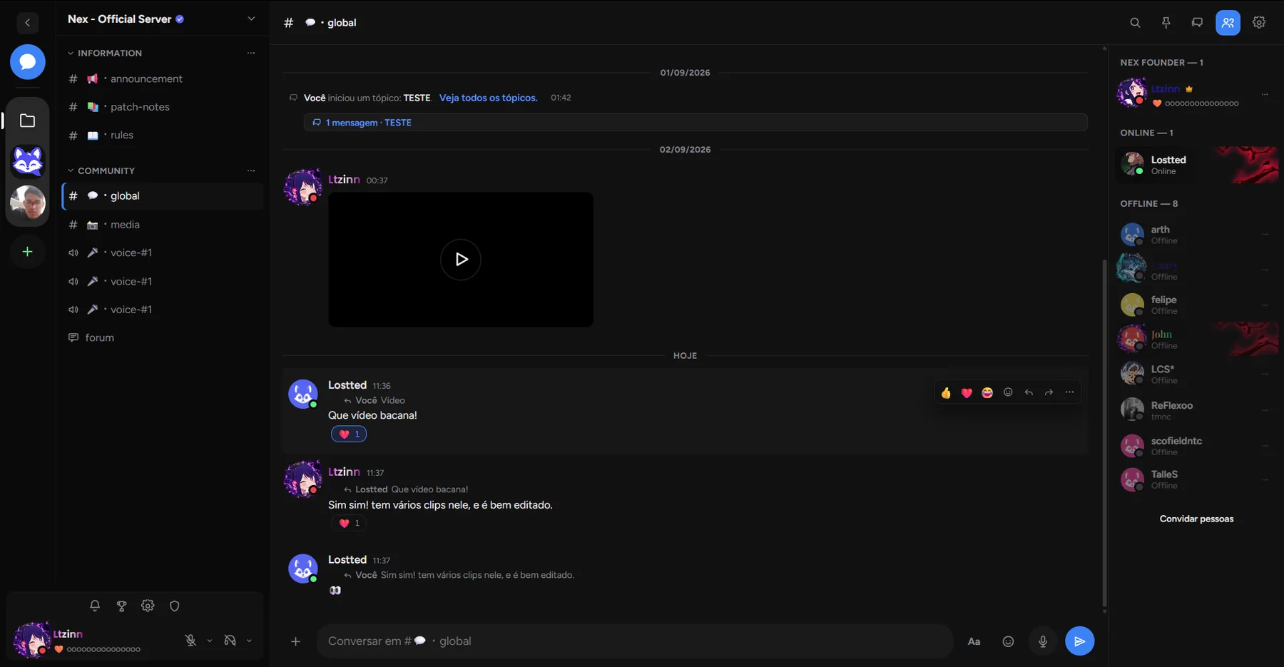 Interface do NEX: servidor com canais, conversa e lista de membros